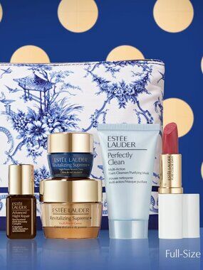 Estee Lauder 6 Piece Gift Travel Set Blue & White Floral Bag  New